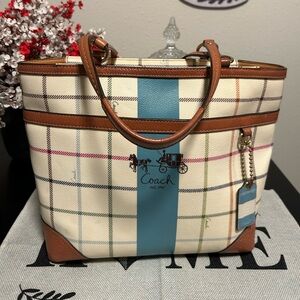 Coach❤️Tattersall Heritage Blue Center Stripe Multicolored Tote Bag 2008